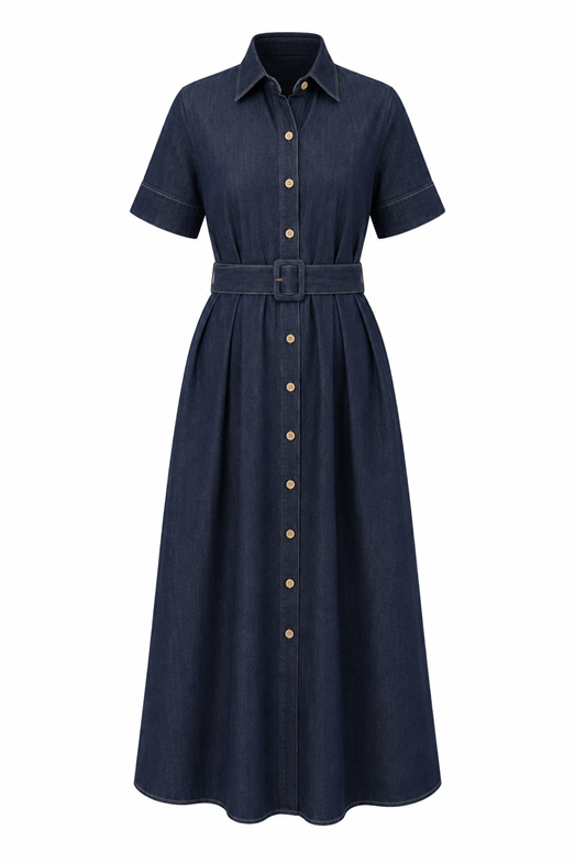 Pileli Lacivert Denim Elbise