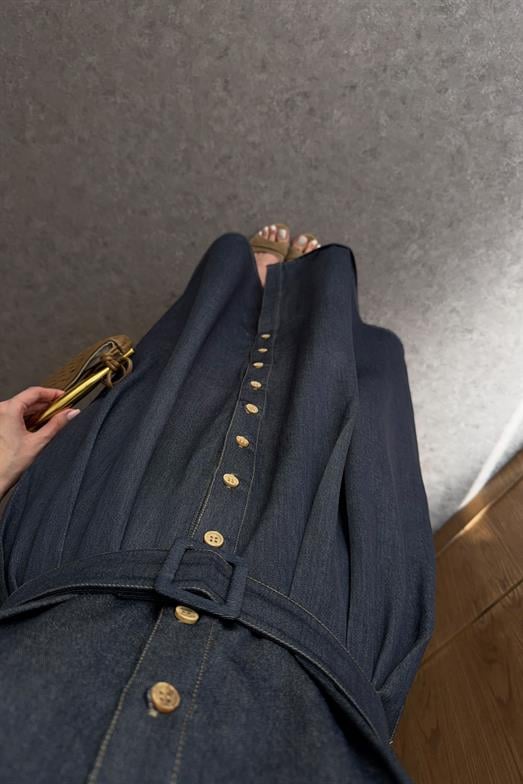 Pileli Lacivert Denim Elbise