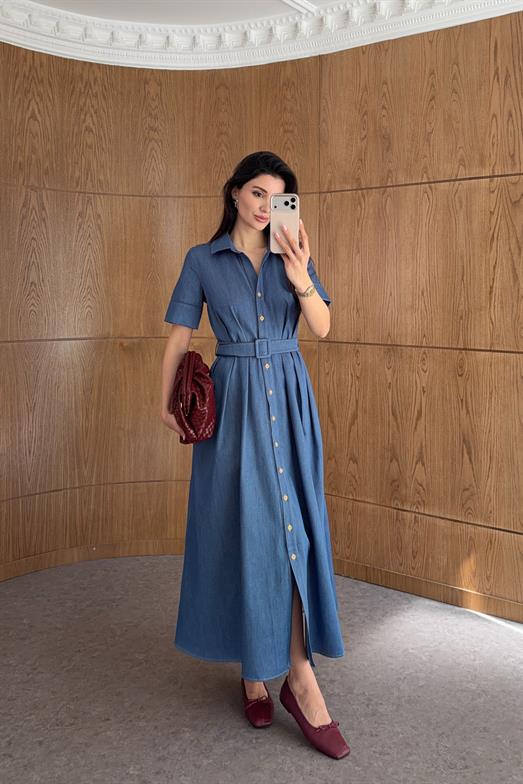 Pileli Mavi Denim Elbise