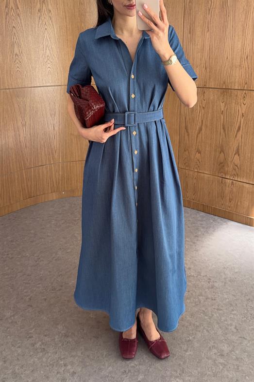 Pileli Mavi Denim Elbise