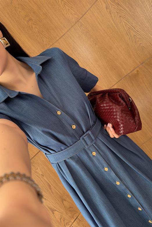 Pileli Mavi Denim Elbise
