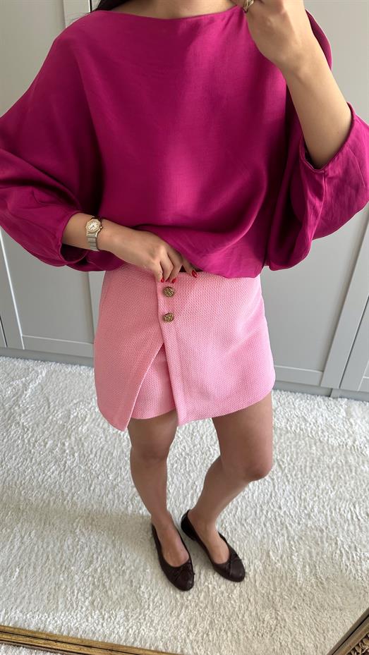 Pirinç Düğmeli Pembe Şort Etek