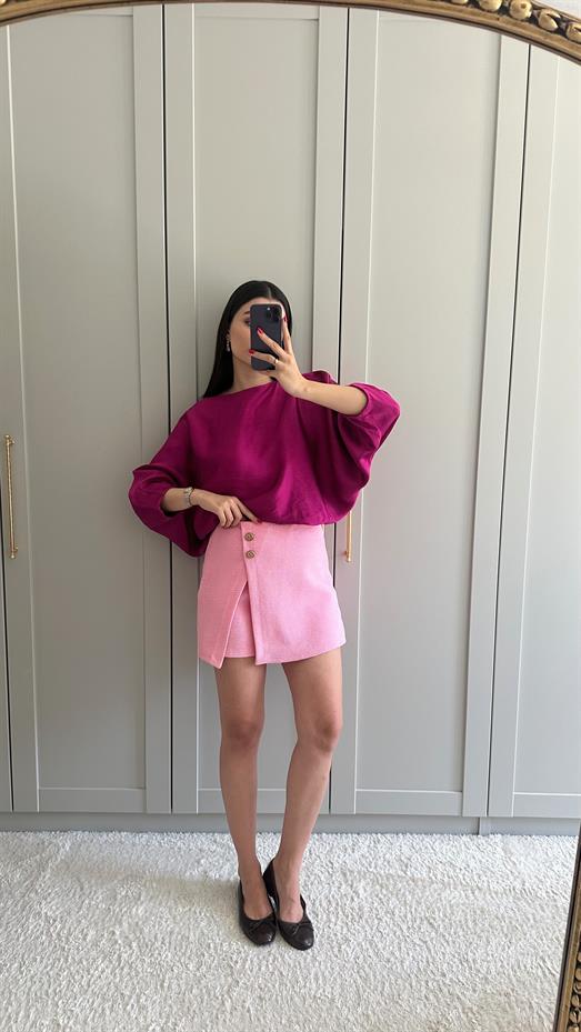 Pirinç Düğmeli Pembe Şort Etek