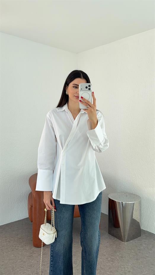 Poplin Beyaz Kruvaze Gömlek