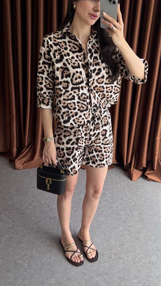 Poplin Leopar Şort-Gömlek Takım