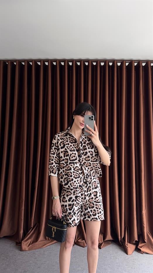 Poplin Leopar Şort-Gömlek Takım