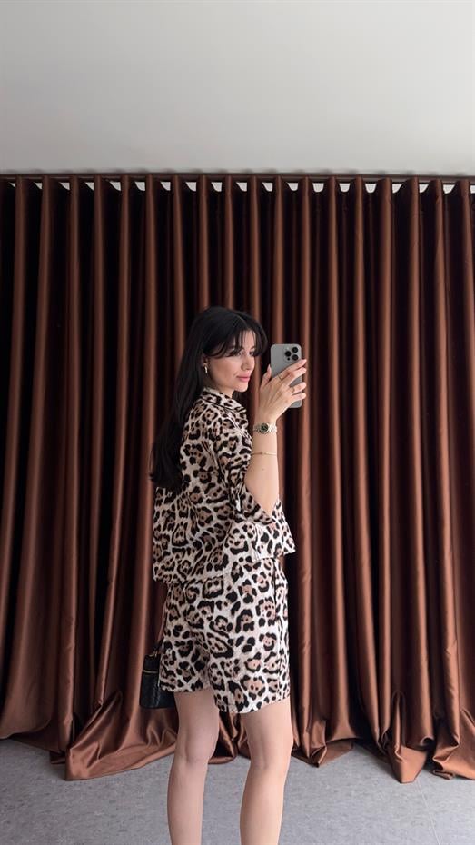 Poplin Leopar Şort-Gömlek Takım