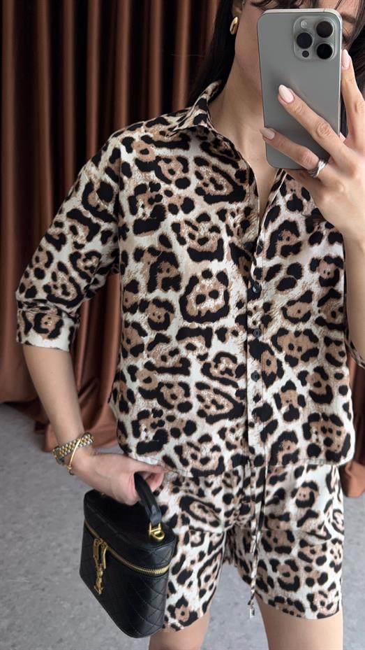 Poplin Leopar Şort-Gömlek Takım
