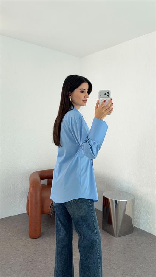 Poplin Mavi Kruvaze Gömlek