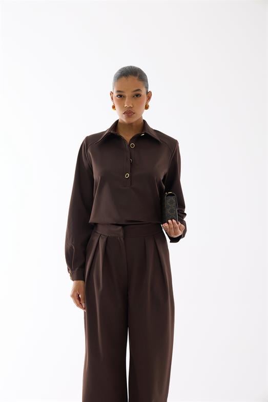 Premium Polo Yaka Kahverengi Bluz