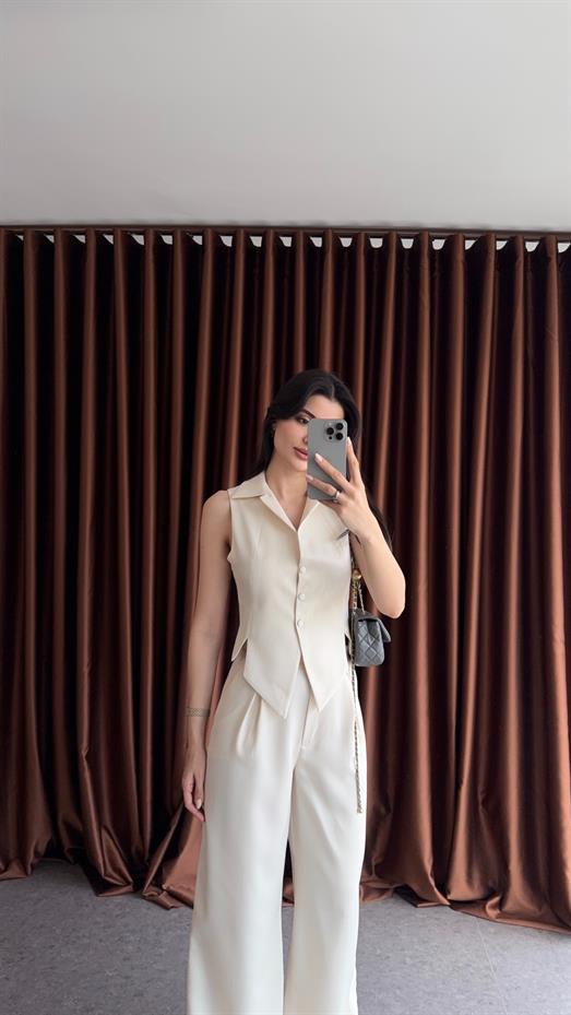 Premium Yelek-Pantolon Krem Takım