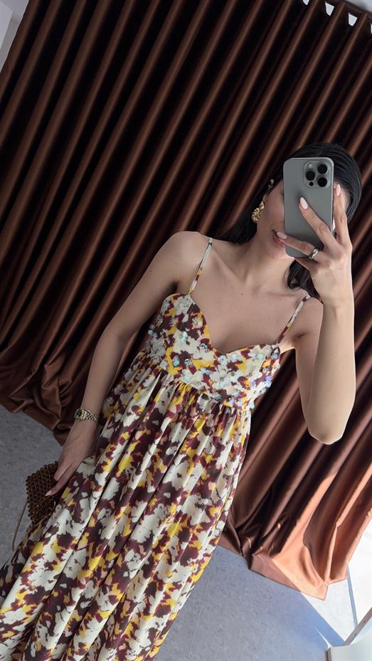 Pul Çiçekli Askılı Renkli Elbise