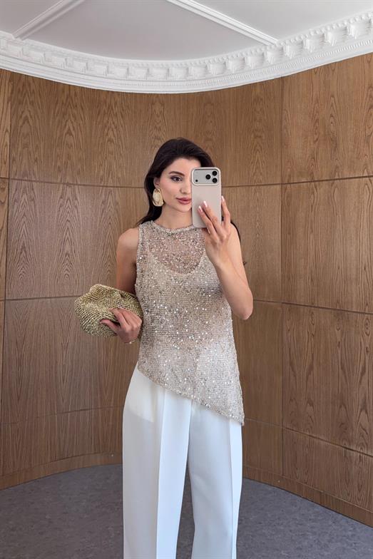Pullu Asimetrik Gold Bluz