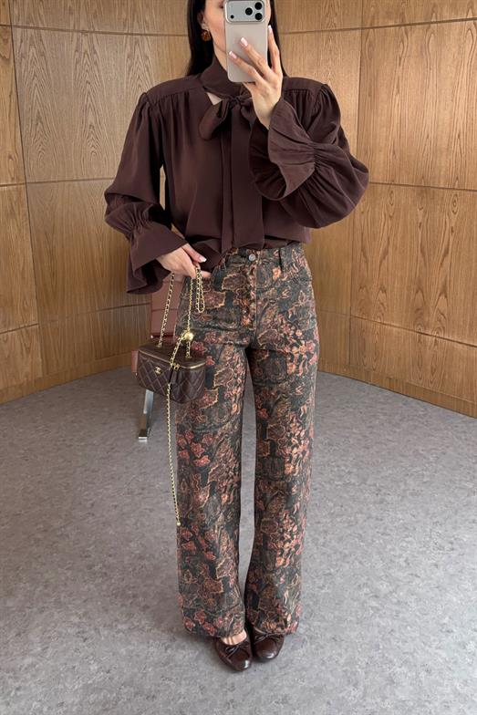 Renkli Baskılı Denim Pantolon