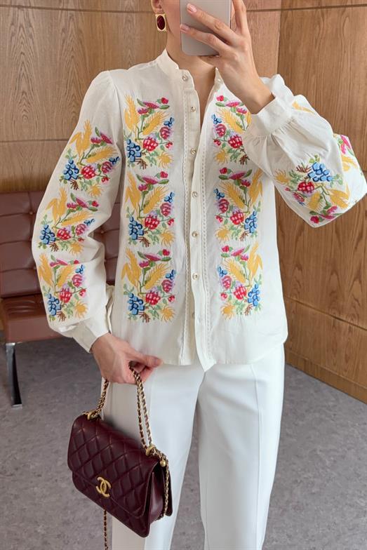 Renkli Nakışlı Keten Gömlek