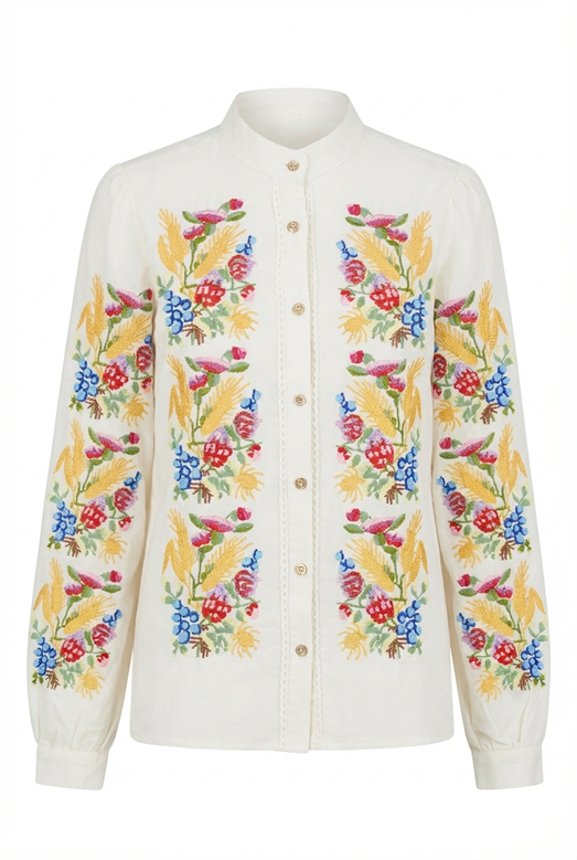 Renkli Nakışlı Keten Gömlek