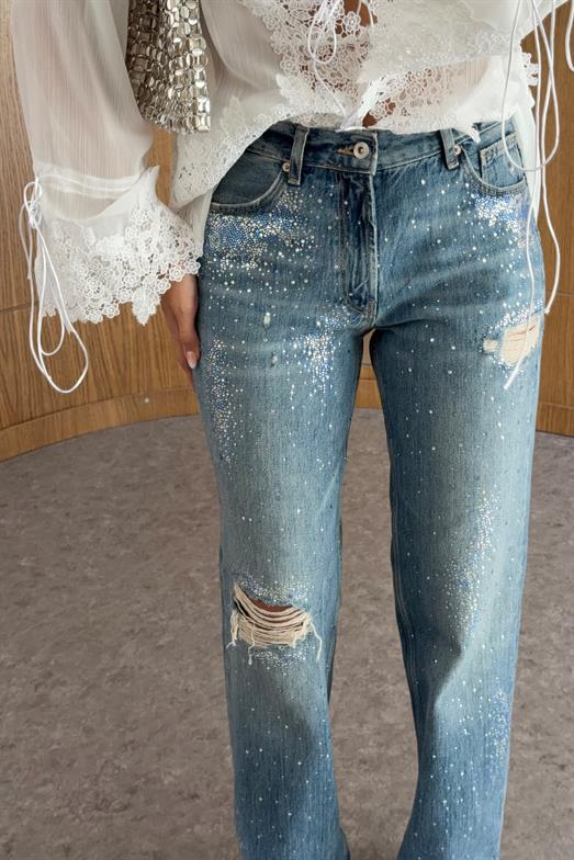 Renkli Taşlı Yırtıklı Mavi Jean