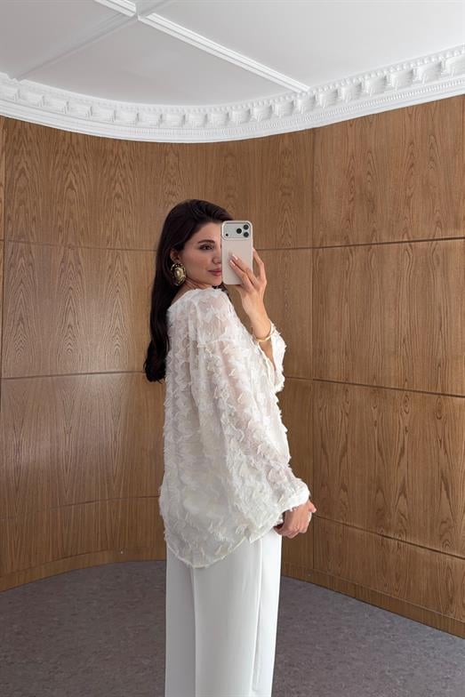 Saçaklı Ekru Kimono