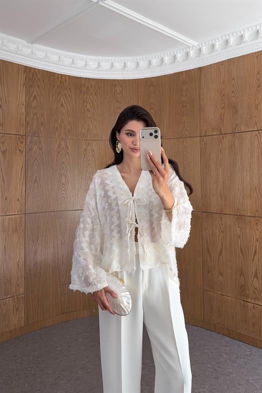 Saçaklı Ekru Kimono