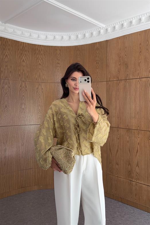 Saçaklı Yağ Yeşili Kimono
