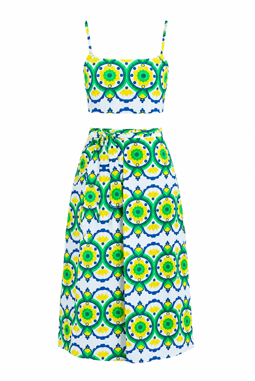 Sarı Desenli Crop-Etek Takım