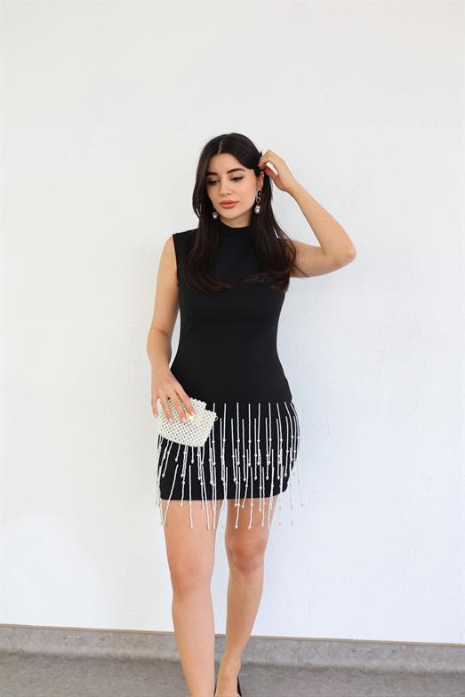 Sarkıt İncili Scuba Siyah Elbise