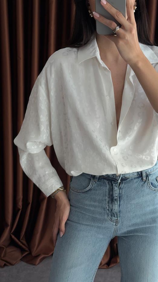 Saten Leopar Beyaz Gömlek