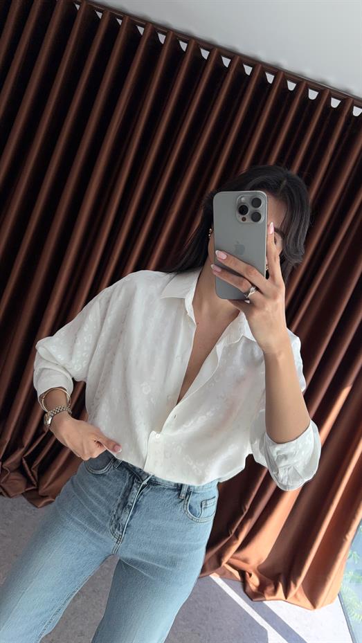 Saten Leopar Beyaz Gömlek