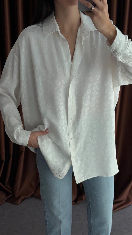 Saten Leopar Beyaz Gömlek