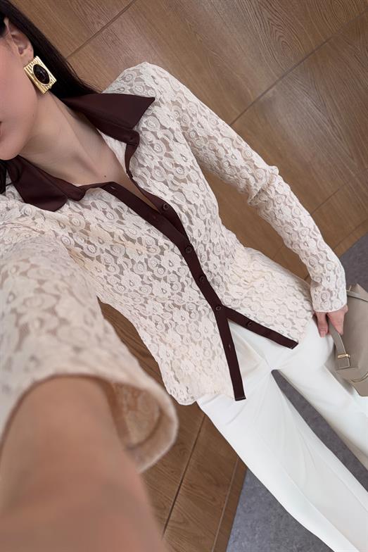 Saten Şeritli Krem Dantel Gömlek