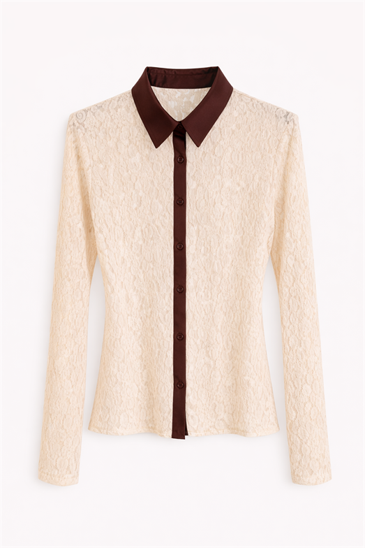 Saten Şeritli Krem Dantel Gömlek