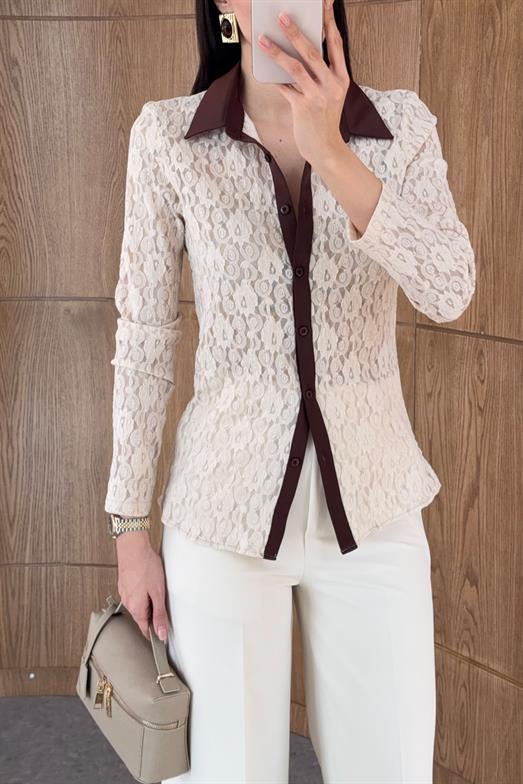 Saten Şeritli Krem Dantel Gömlek