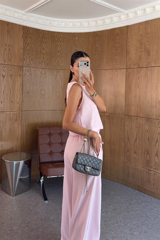 Sıfır Kol Keten Pembe İkili Takım