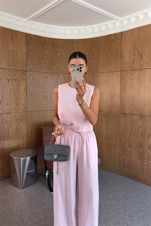 Sıfır Kol Keten Pembe İkili Takım