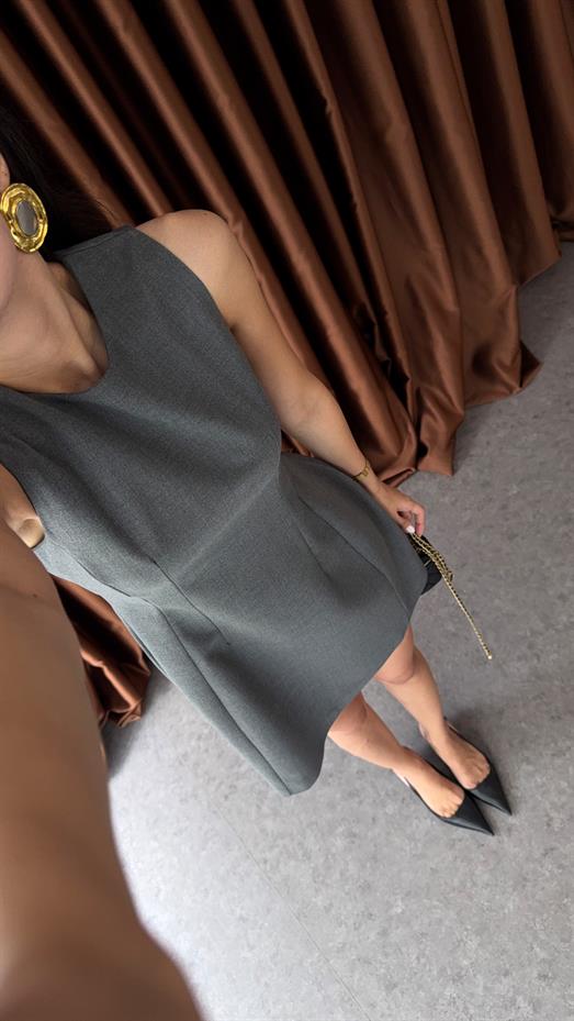 Sıfır Yaka Antrasit Balon Elbise