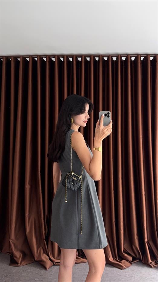 Sıfır Yaka Antrasit Balon Elbise