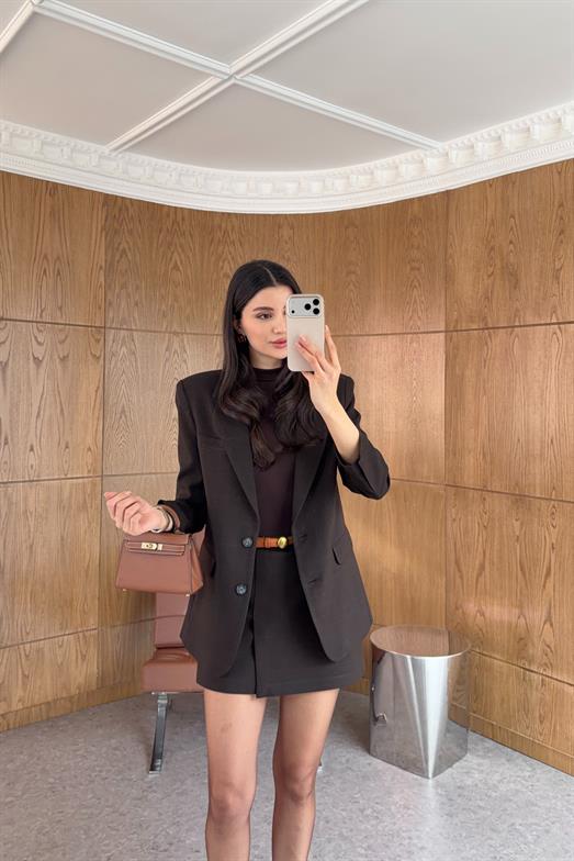 Silik Ekoseli Acı Kahve Blazer Ceket