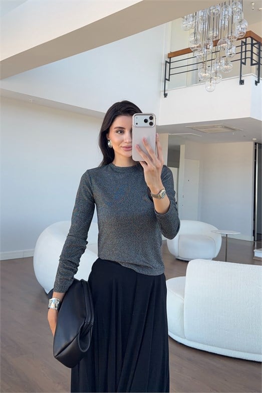 Simli Antrasit Uzun Kol Triko