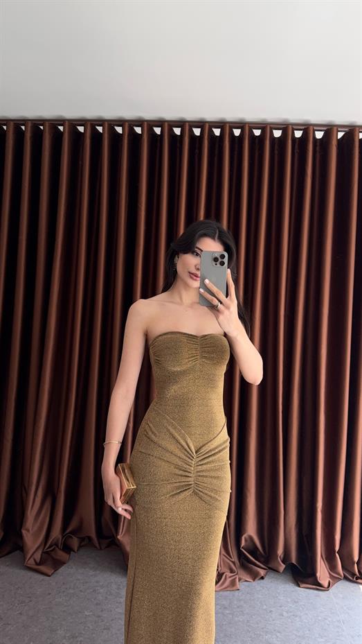 Simli Likralı Gold Straplez Elbise