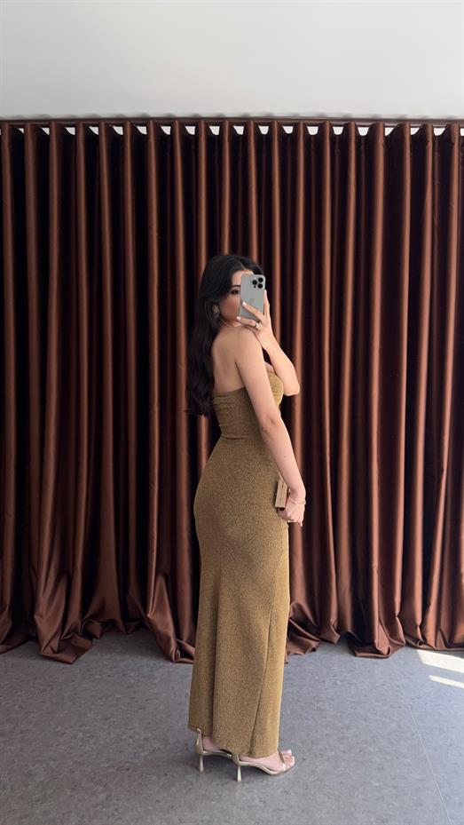 Simli Likralı Gold Straplez Elbise