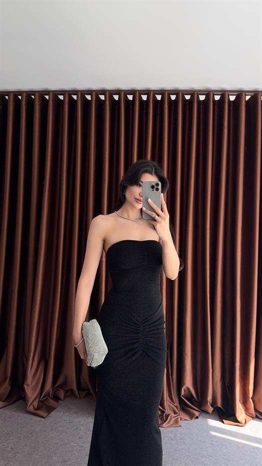 Simli Likralı Siyah Straplez Elbise