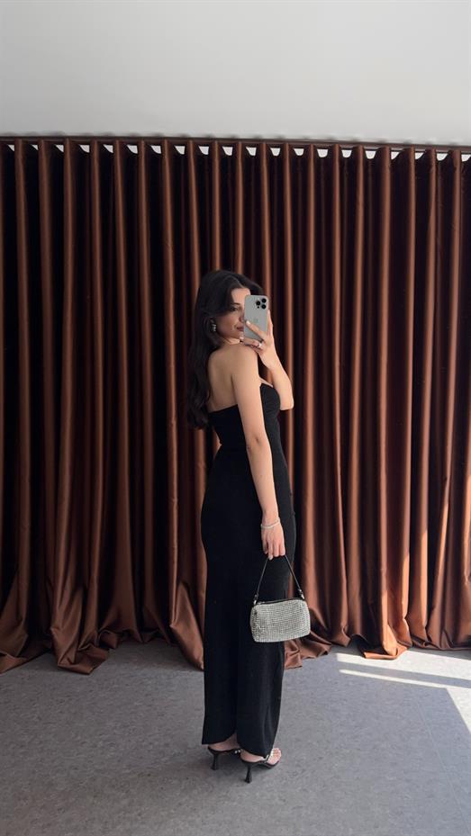 Simli Likralı Siyah Straplez Elbise