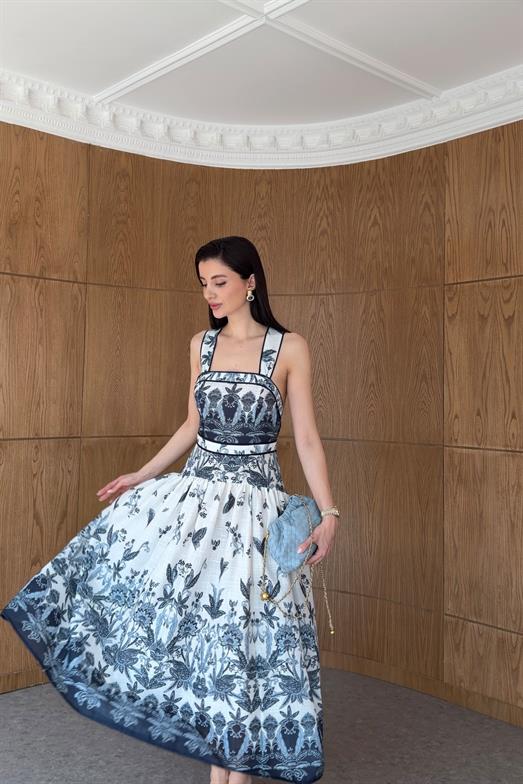 Sırt Bağlamalı Mavi Elbise