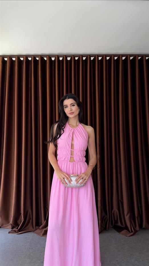 Sırt Gold Detaylı Pembe Elbise