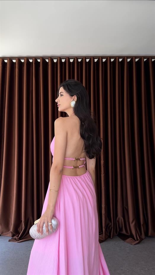 Sırt Gold Detaylı Pembe Elbise