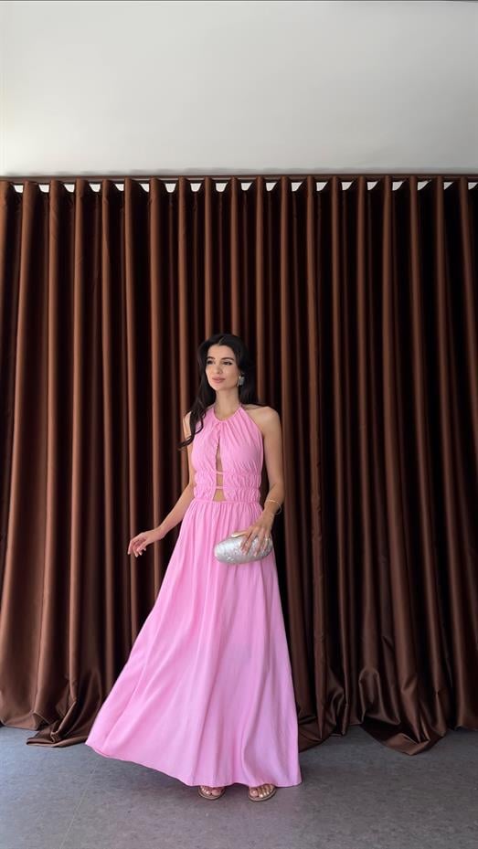 Sırt Gold Detaylı Pembe Elbise