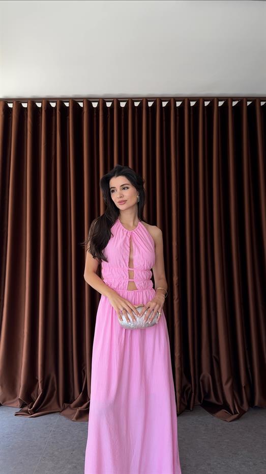 Sırt Gold Detaylı Pembe Elbise