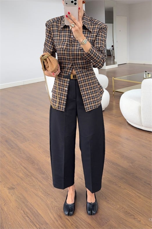 Siyah Barrel Fit Kumaş Pantolon