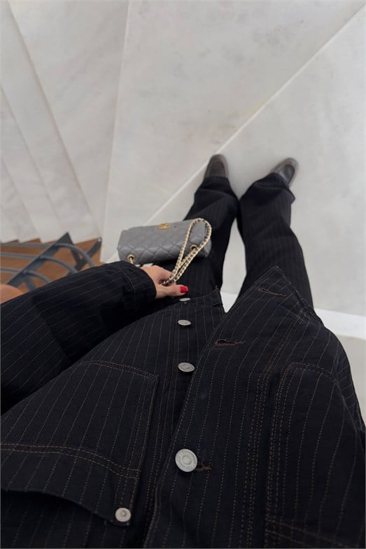 Sİyah Çizgili Denim Ceket-Pantolon Takım
