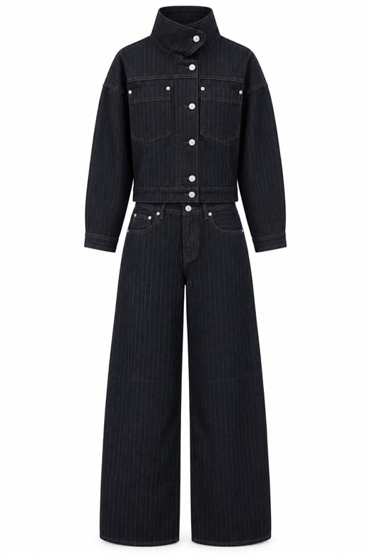 Sİyah Çizgili Denim Ceket-Pantolon Takım